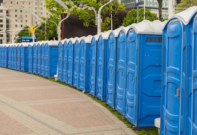 a row of portable restrooms for a special event, ensuring guests have access to clean facilities in Danville, CA